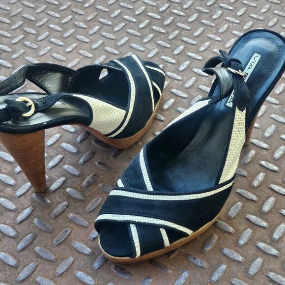 Via Spiga Ladies Sandal Heel Black/White Faux Suede Upper Shoes Brazil Size 9.5 - Picture 2 of 12